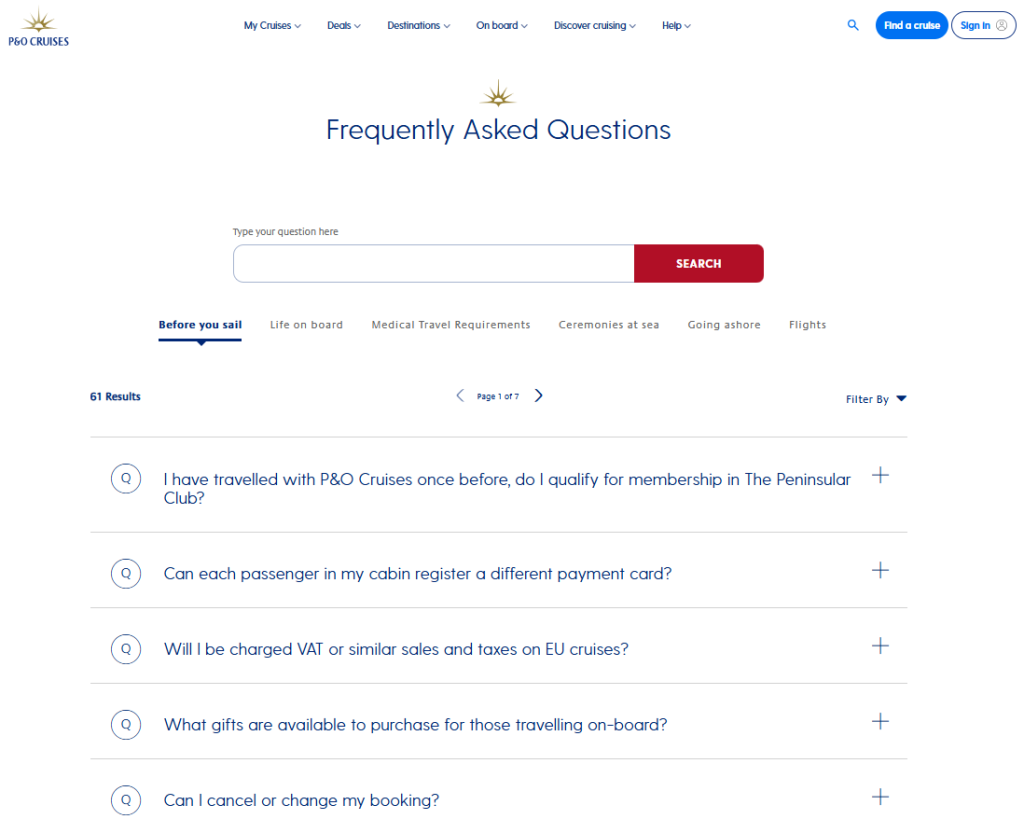 P&O Cruises faq page example