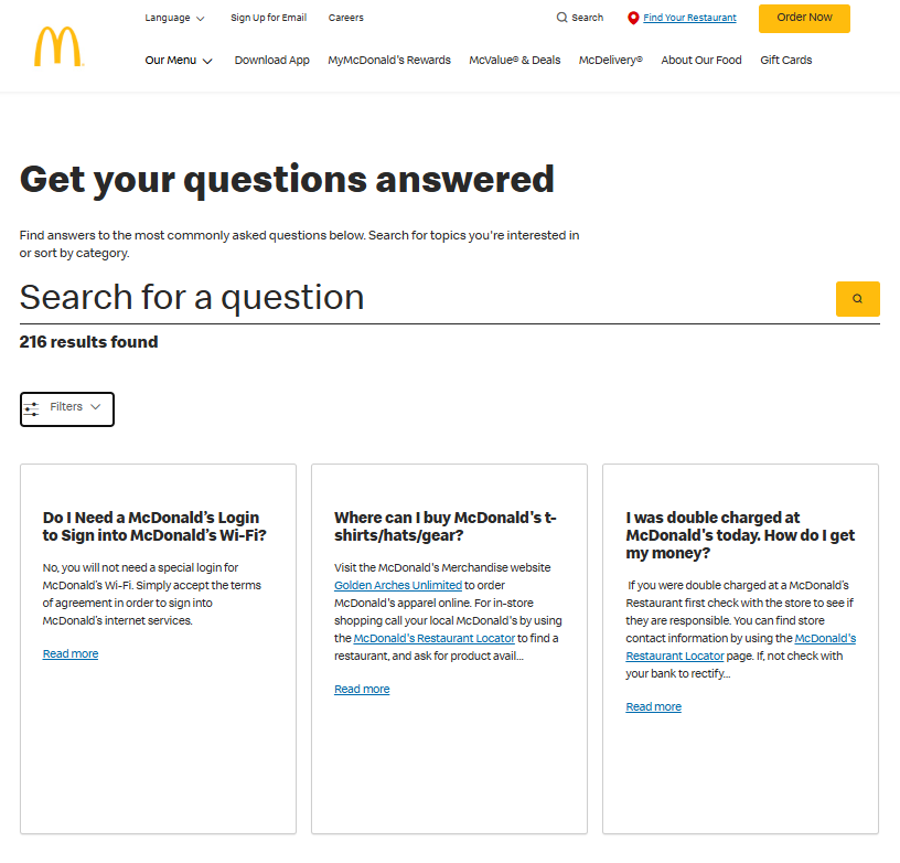 McDonald's faq page example